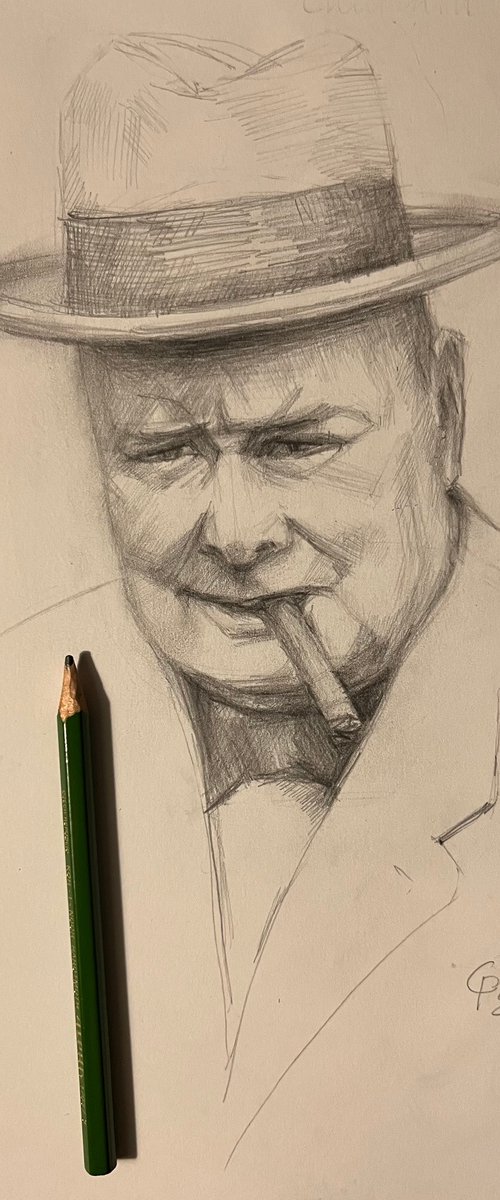 Sir Winston Leonard Spenser Churchill original pencil portrait drawing, Ukrainian artwork by Roman Sergienko