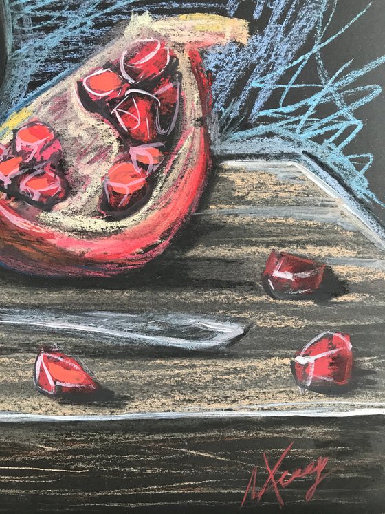 Pomegranates still life pastel drawing 27x39 cm