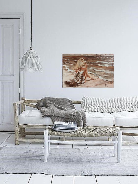 " ON THE BEACH ... " SUN SKY SEA SAND liGHt  ORIGINAL OIL PAINTING, GIFT, PALETTE KNIFE
