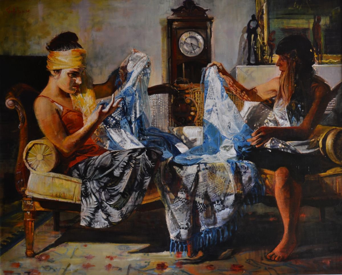 The Blue And White Shawl By Marco Ortolan, 39 X 31, Artwork For Sale On Artfinder