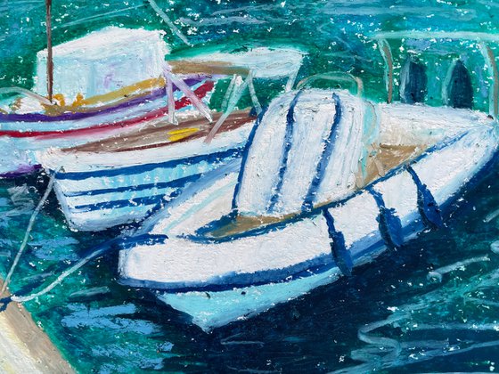 Sea Original Painting, Boats Oil Pastel Drawing, Greece Seascape Art, Blue Home Decor