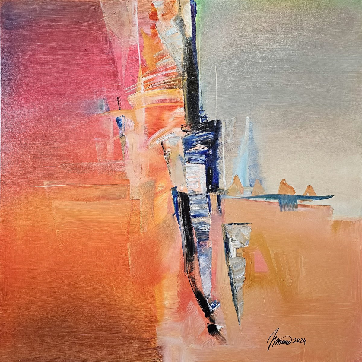 Abstract Oil Painting By Taidakov Nikolai, 39 X 39", Presentation Of A Storm, Original Artwork