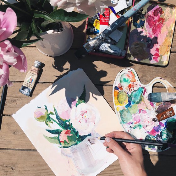 Bouquet of peonies. Gouache study