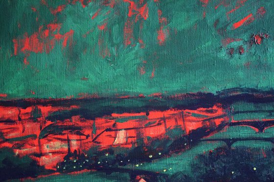 Big acrylic painting Red roofs of Prague, green and red
