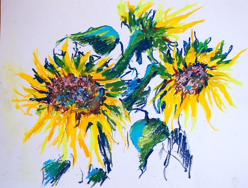 Still life with sunflowers. Oil pastel painting. Small interior decor flowers impression expression yellow green by Sasha Romm