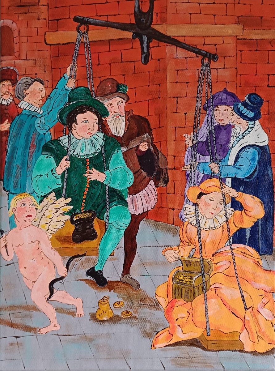 Expressive Portrait Acrylic Painting By Corinne Hamer, 12 X 16, The Scales Of Marriage, Original Artwork