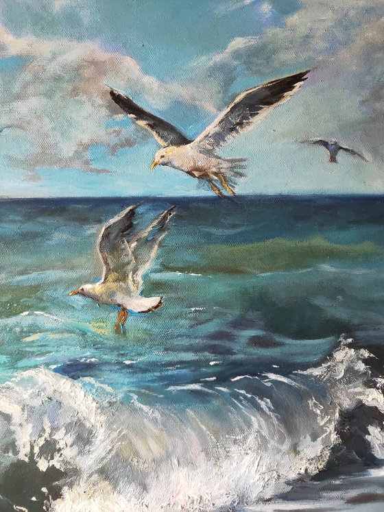 "Seagulls over the waves"