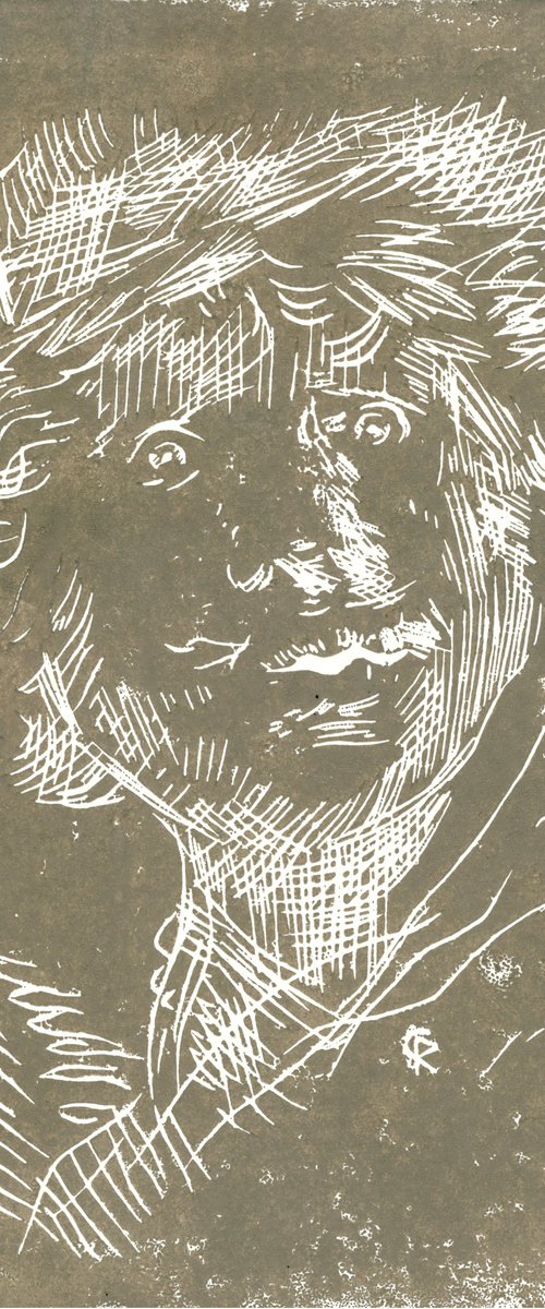Selbstbildnis mit aufgerissenen Augen - Linoprint inspired by Rembrandt by Reimaennchen - Christian Reimann