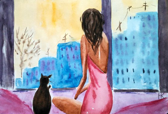 Quarantine Painting Pet Original Art Woman and Cat Artwork Spring Isolation Small Home Wall Art 12 by 8" by Halyna Kirichenko