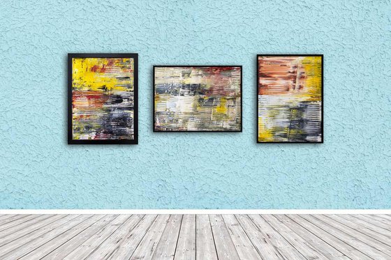 "The Usual Suspects" - FREE USA SHIPPING - Original PMS Abstract Triptych Acrylic Paintings On Canvas and Wood, Framed - 66" x 26"