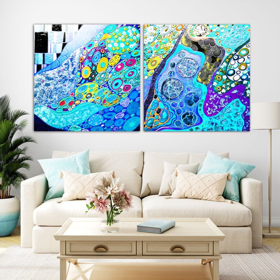 2 pieces 200х100 cm Abstract painting. Turquoise blue Large wall art relief Klimt inspired diptych