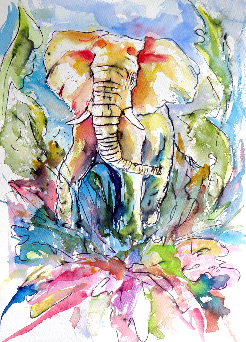 Impressionistic Animal Watercolour By Kovacs Anna Brigitta, 11 X 15", African Elephant Playing, Original Artwork