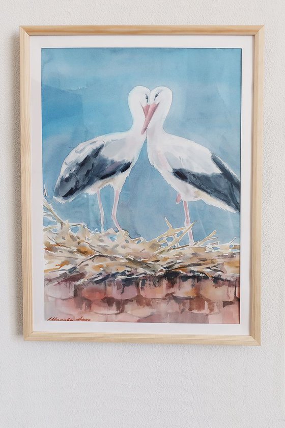 Watercolor painting Storks - Symbol of Love