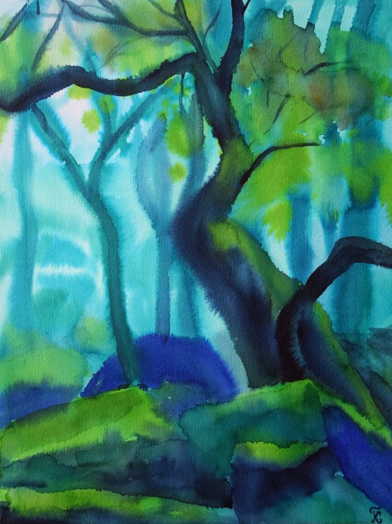 Green forest original watercolor painting, moss trees, mystic wall decor