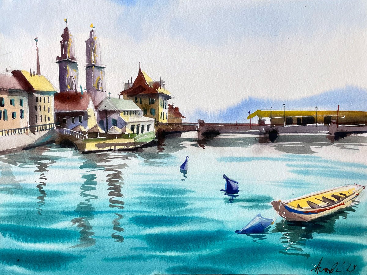 Impressionistic Cityscapes Watercolour By Ksenia Astakhova, 16 X 12", Summer In Zurich, Original Artwork
