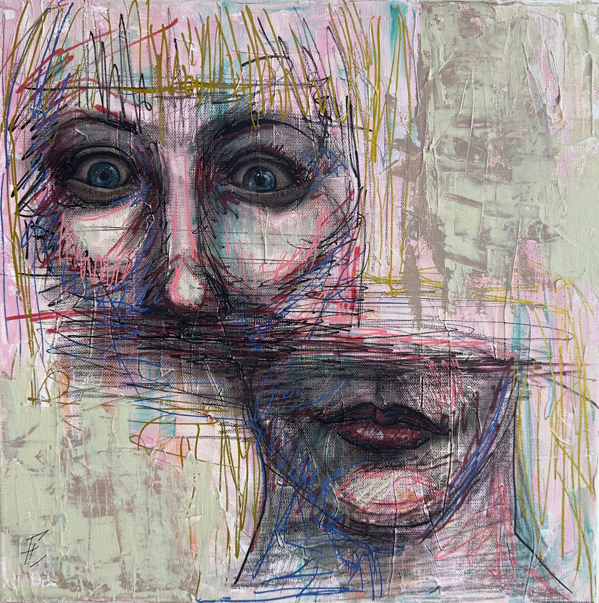 Expressive Portrait Painting By Nikola Gulev, 16 X 16", "Fear", Original Artwork