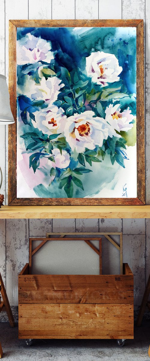 "Blooming white peonies in the evening" original botany watercolor artwork by Ksenia Selianko