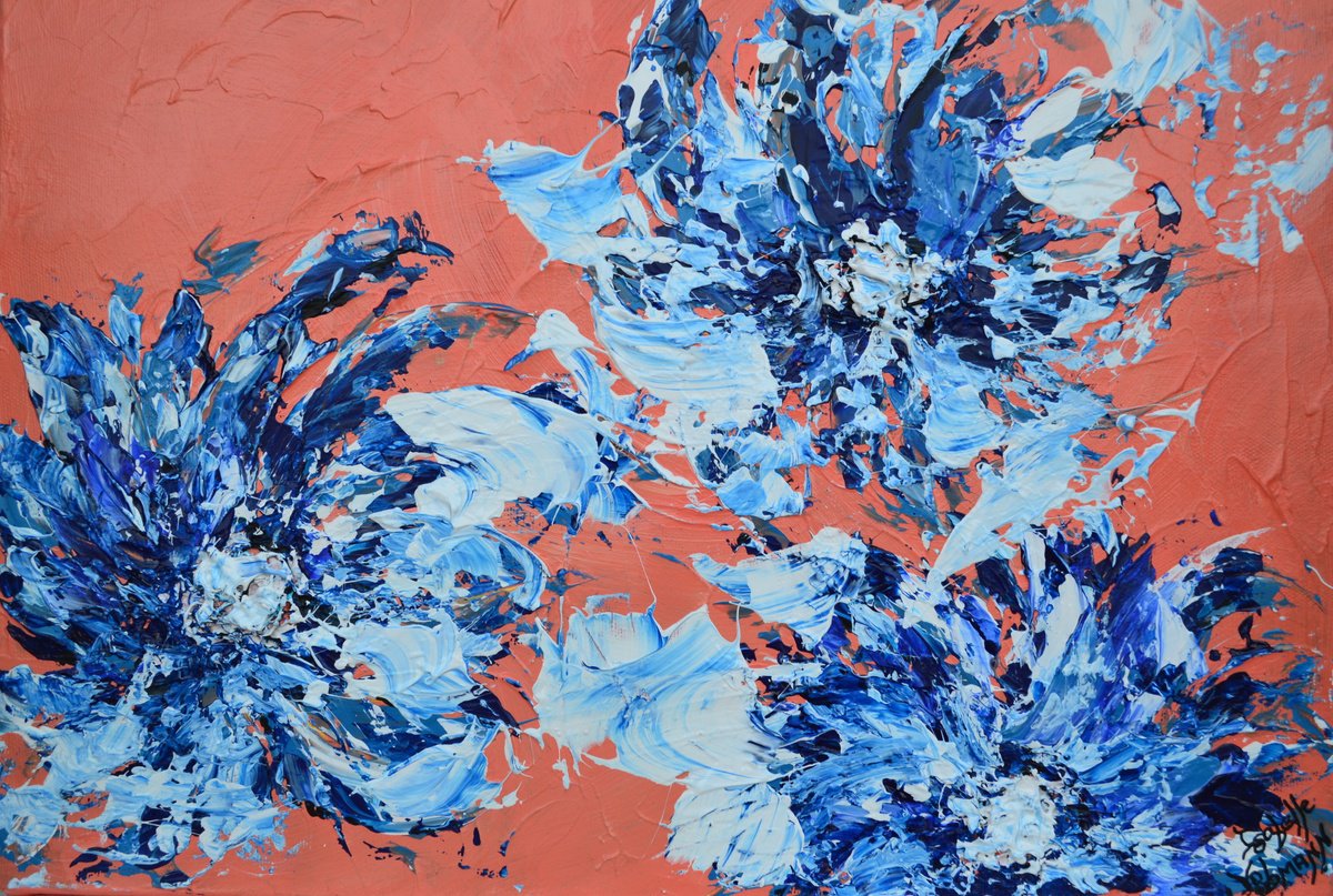 Abstract Botanical Acrylic Painting By Isabelle Vobmann, 18 X 13, Fleurs De Lune, Original Artwork