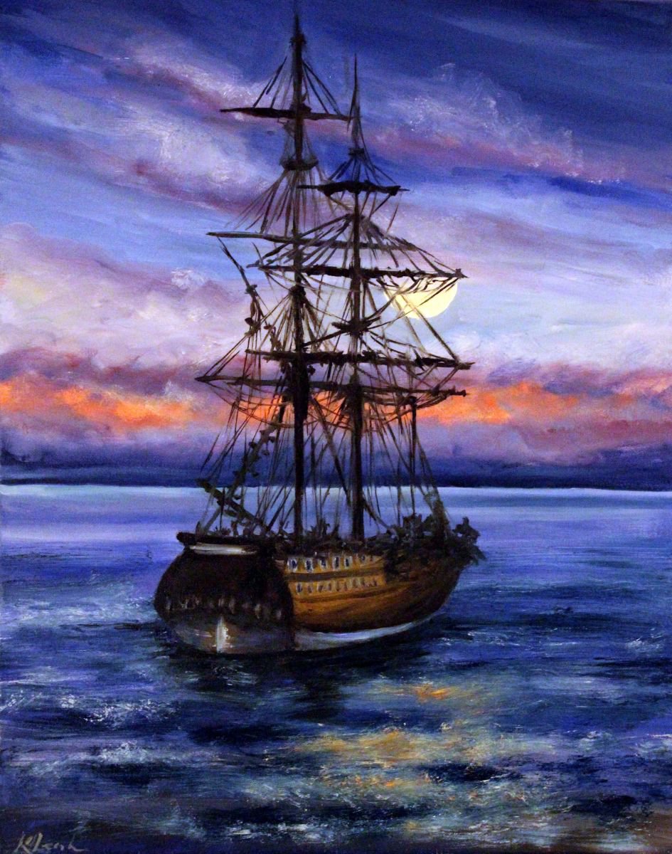 Ship with sunset Oil painting by Kate Lesinska | Artfinder