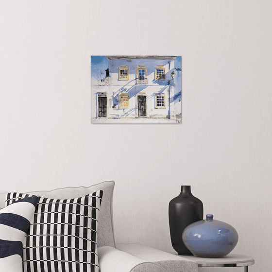 Winter Shadows. Faro, Portugal. Small original painting minimalistic impressionism light shadow interior decor detail summer bright white