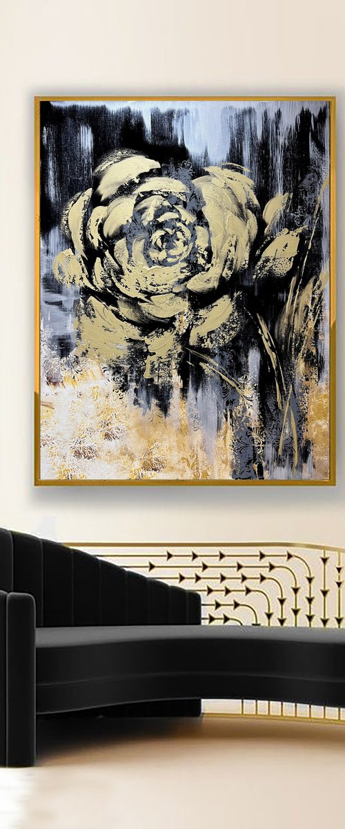 Golden Black abstract painting. Black and gold abstraction flower.  AMAZING GOLD by Marina Skromova