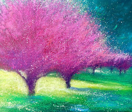 Sakura blossom painting on canvas, spring flower, nature wall art