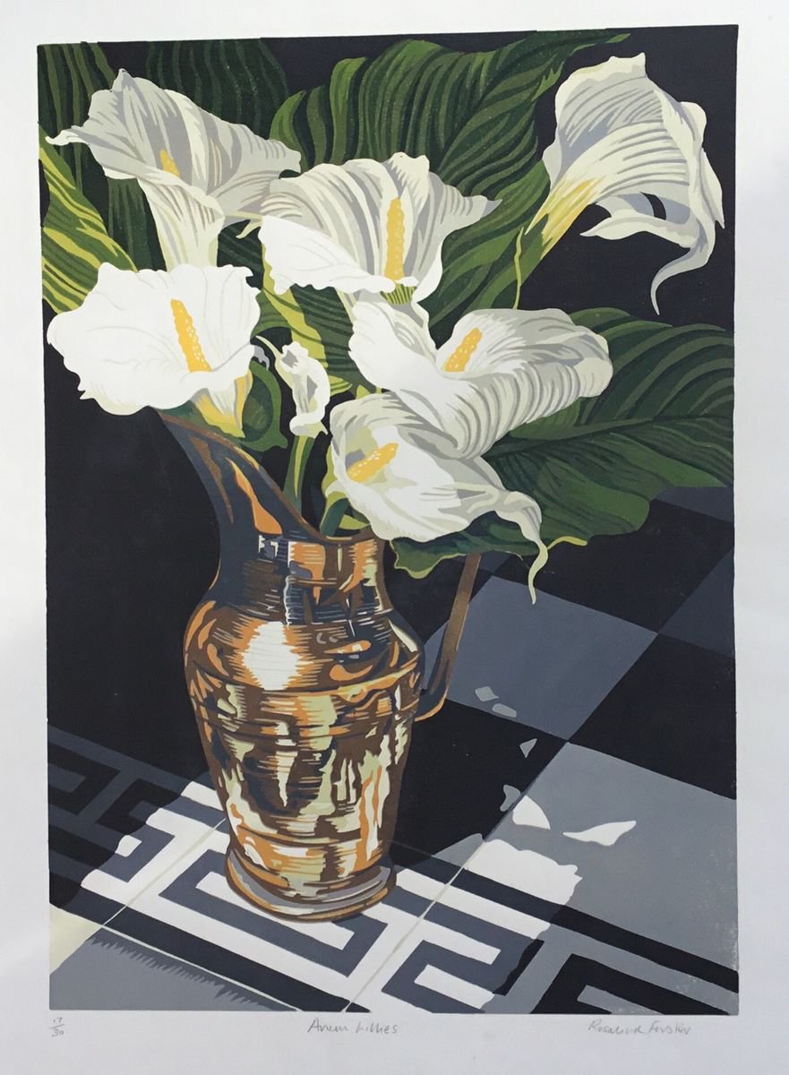 Botanical Linocut By Rosalind Forster, 19 X 26", Arum Lillies, Original Artwork