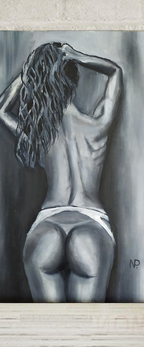 In dreams, erotic nude oil painting, Gift idea, black and white oil painting by Nataliia Plakhotnyk