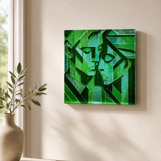 Green Lovers, Fused Glass Portrait