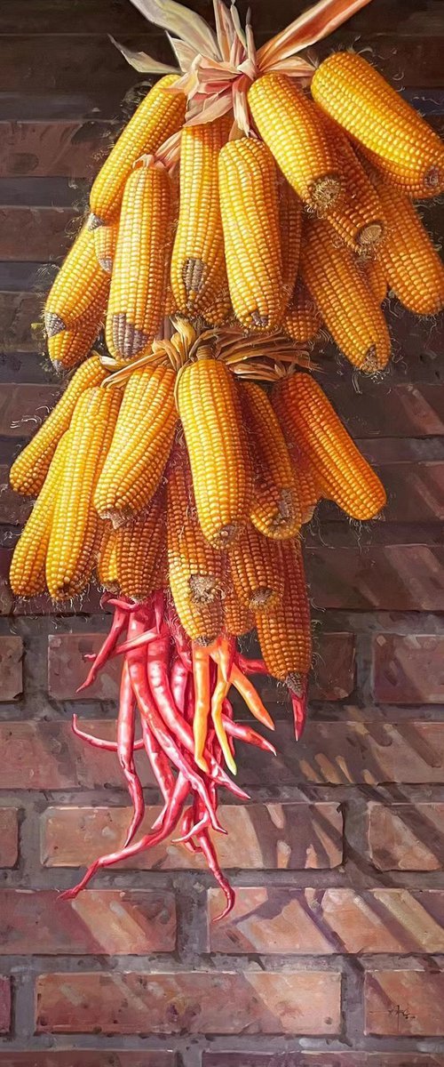 Still life oil painting:Corns and hot peppers by Kunlong Wang