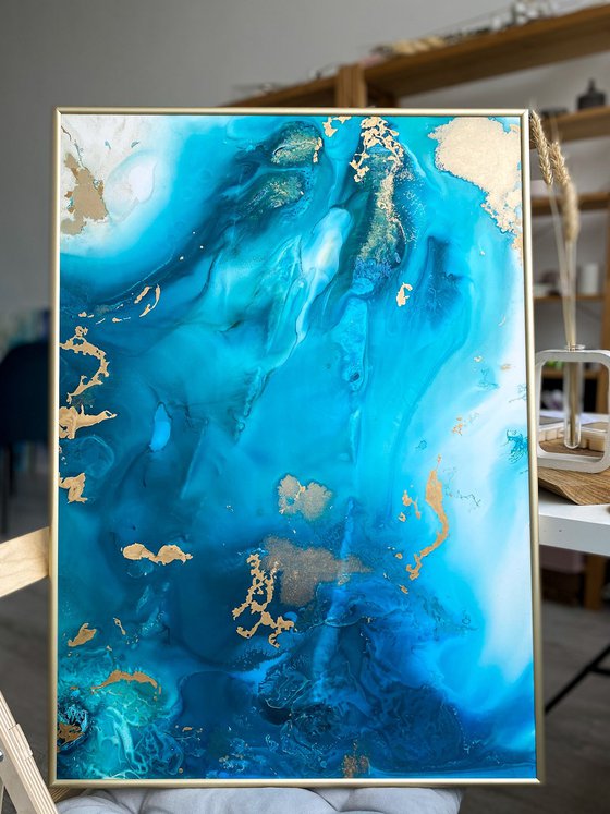 Ocean Blue Gold Fluid Painting