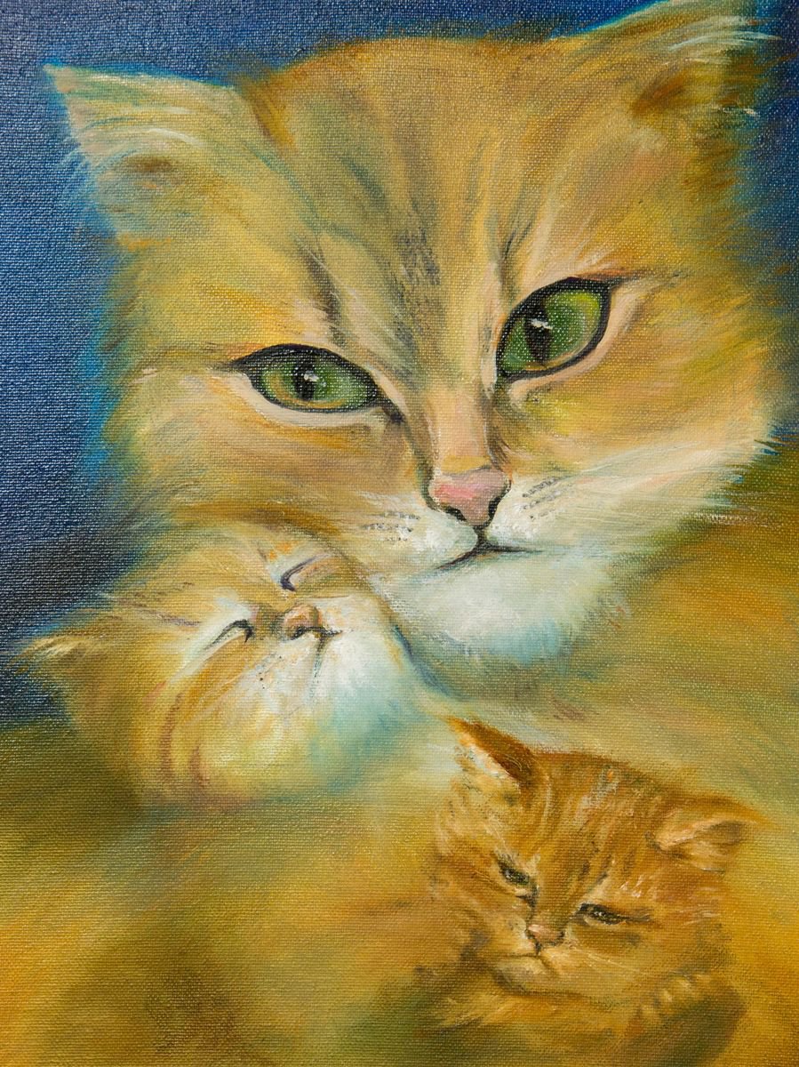 Photorealistic Animal Oil Painting By Galyna Shevchencko, 12 X 16, Cat And Kittens, Original Artwork