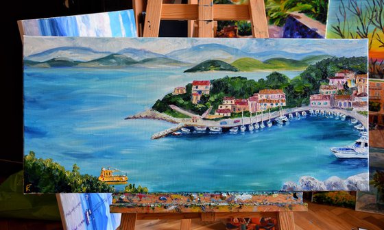 Ships seascape large oil painting on canvas, Greece panorama, coastal home decor