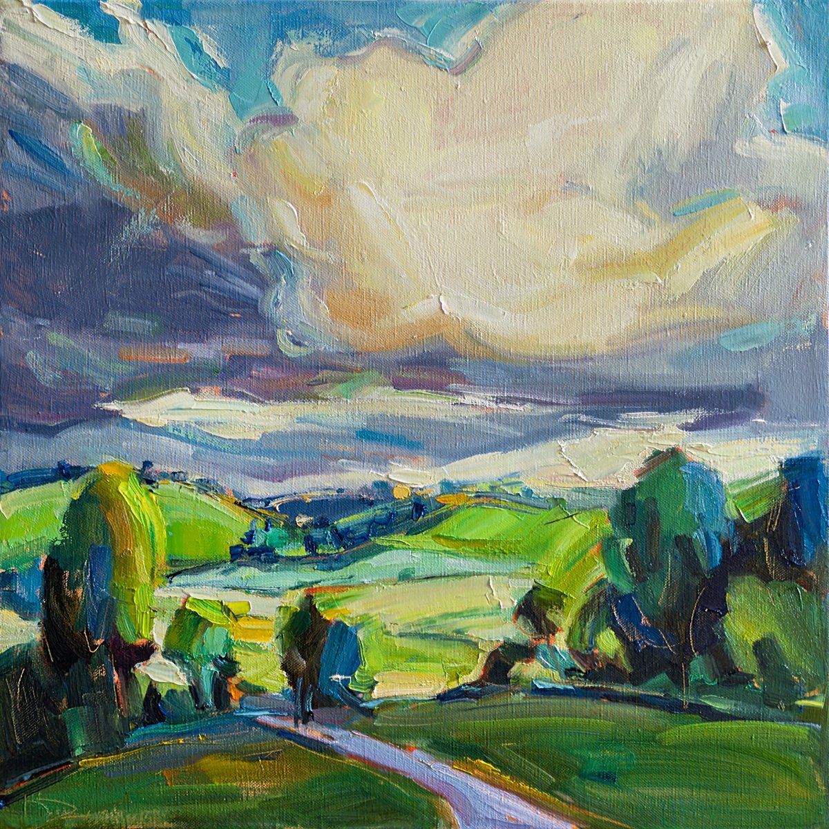 Impressionistic Landscape Oil Painting By Daria Zavadenko, 16 X 16, Beneath The Moving Skies, Original Artwork