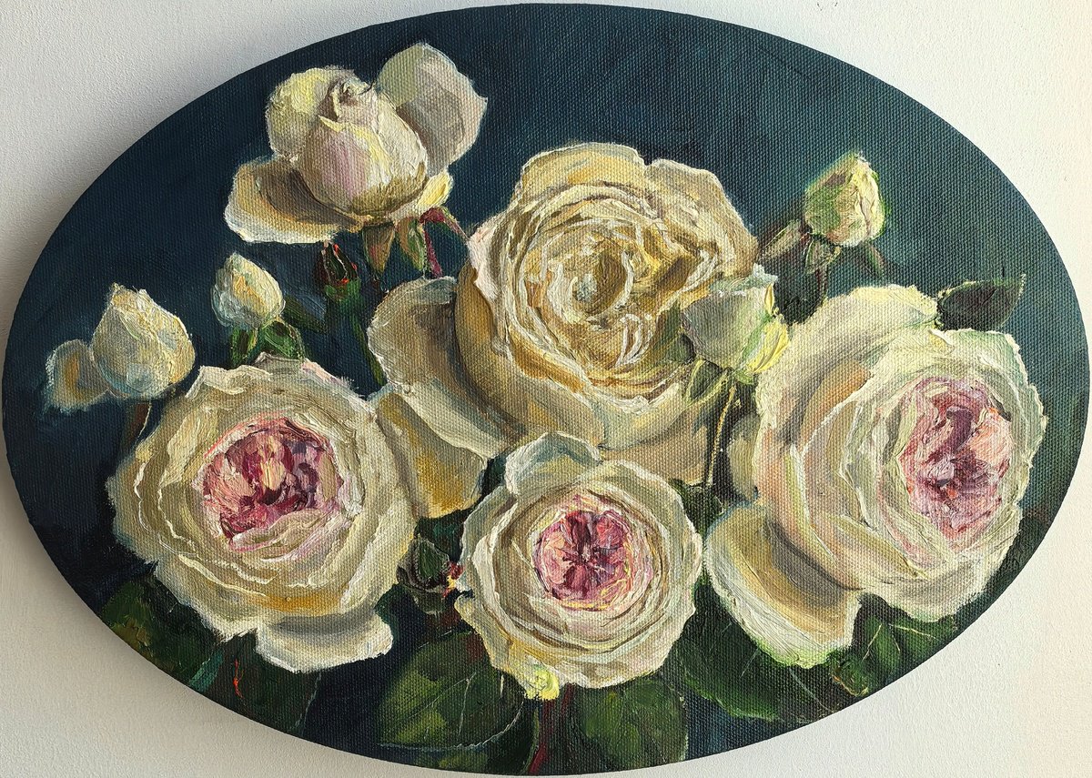 Impressionistic Botanical Oil Painting By Leyla Demir, 14 X 10", Pink Roses Bouquet, Original Artwork
