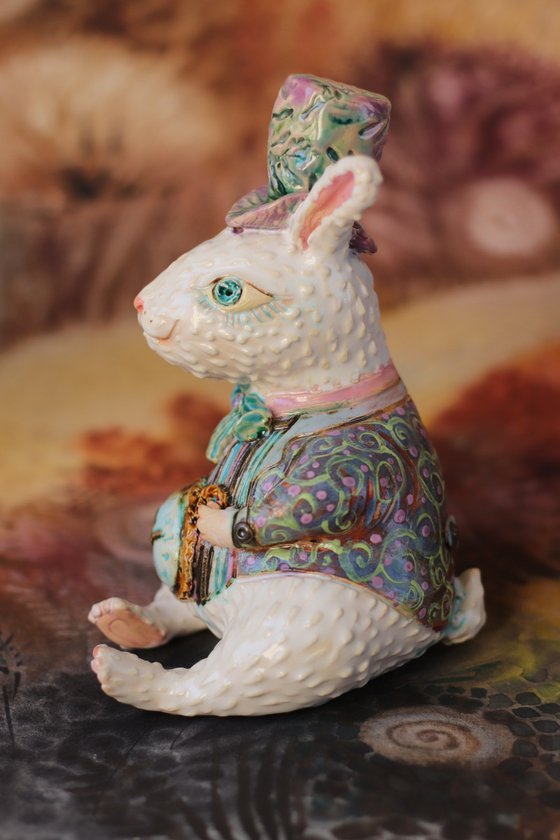 Rabbit with pocket watsch. Ceramic OOAK sculpture.