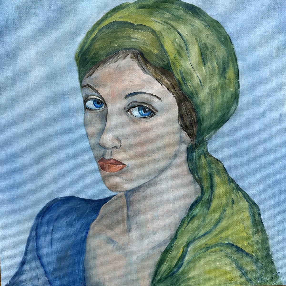 Impressionistic Portrait Oil Painting By Irina Anis, 12 X 12, Woman In A Green Headscarf, Original Artwork