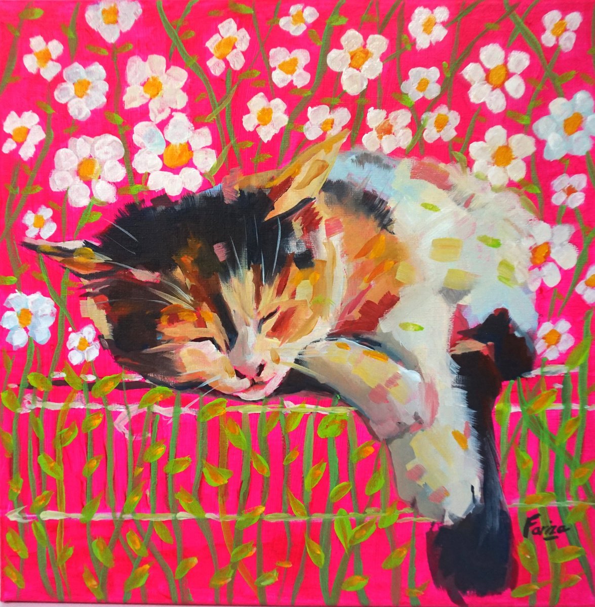 Impressionistic Animal Painting By Amaya Fernandez Fariza, 12 X 12, Colorful Cats 1, Original Artwork