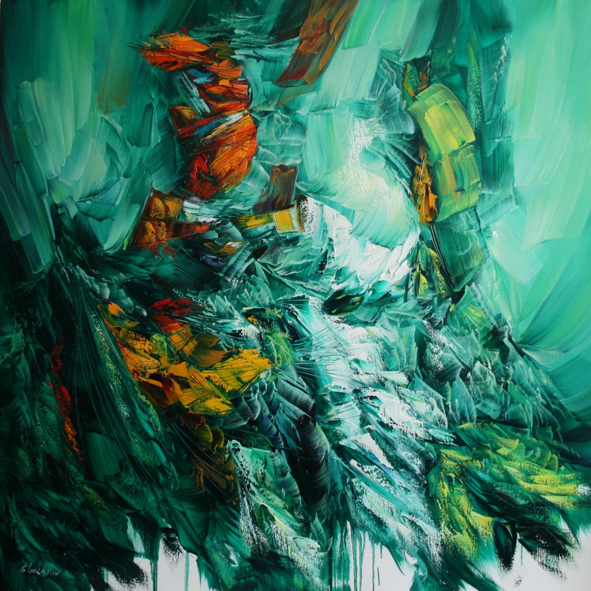 Abstract Oil Painting By Sergei Inkatov, 39 X 39", Emerald Secret 2, Original Artwork