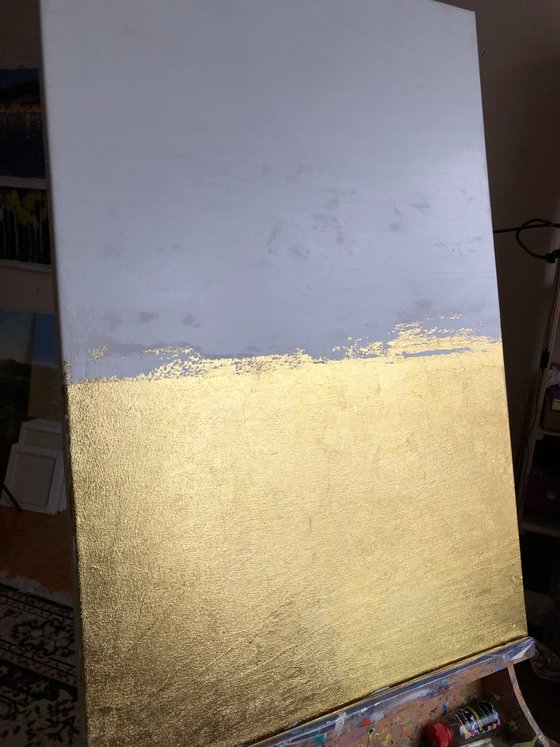 Large modern painting with gold and white