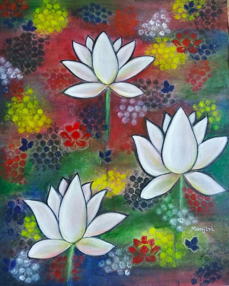 Lotus Trio a vibrant abstract painting by Manjiri Kanvinde