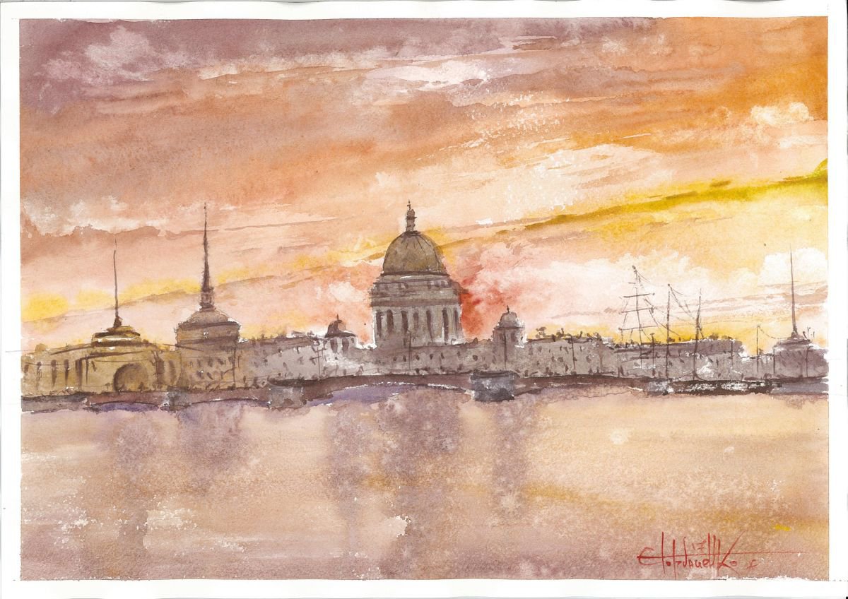 Impressionistic Cityscapes Watercolour By Eugene Gorbachenko, 17 X 12, Sunset In St. Petersburg, Original Artwork