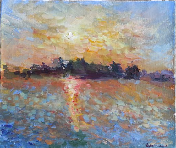 Landscape with sunset on lake