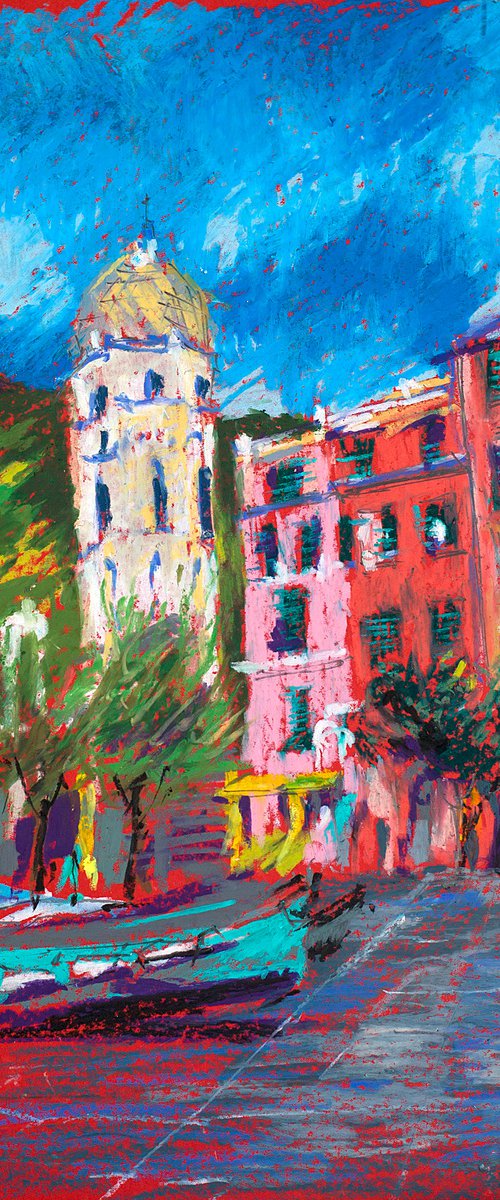 Vernazza. Tower in the old town harbor. Urban city sketch. Small oil pastel impressionistic interior painting by Sasha Romm