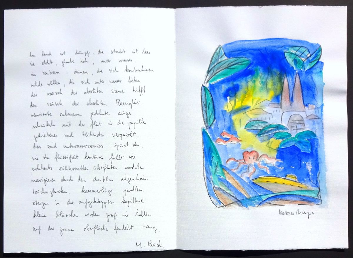 Monika Rinck: City Under Water, Variant 1 - handwritten poem and original gouache by Volker Mayr