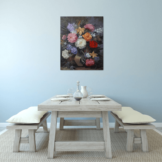 Still life flowers, 100x80cm, oil apinting, palette knife, large oil painting, floral art