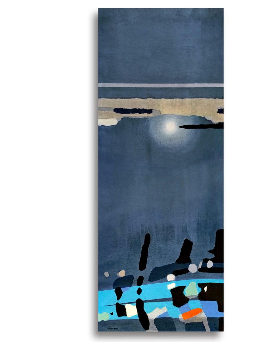 Impressionistic Abstract Acrylic Painting By Evgen Semenyuk, 14 X 35, Evening Lights, Original Artwork