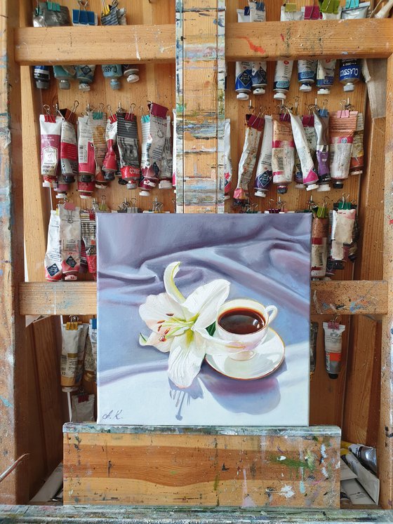 "A small cup of aromatic coffee. "  still life summer  white liGHt original painting  GIFT (2021)