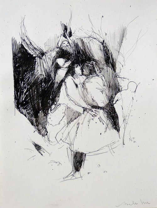Surrealist Drawing - The kiss, 24x32 cm by Frederic Belaubre