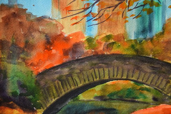 Fall New York Central Park ORIGINAL watercolor painting, autumn forest, romantic gift